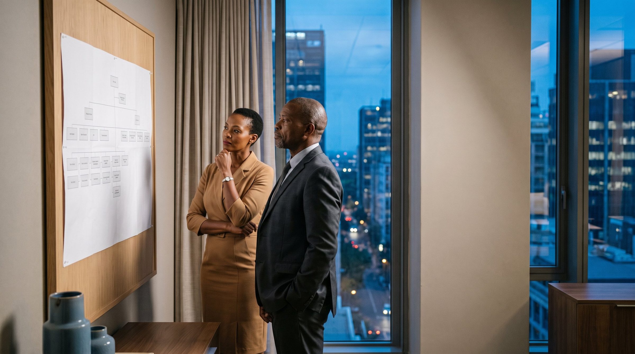 Two senior executives studying an organisational chart in an office at dusk, with city lights outside