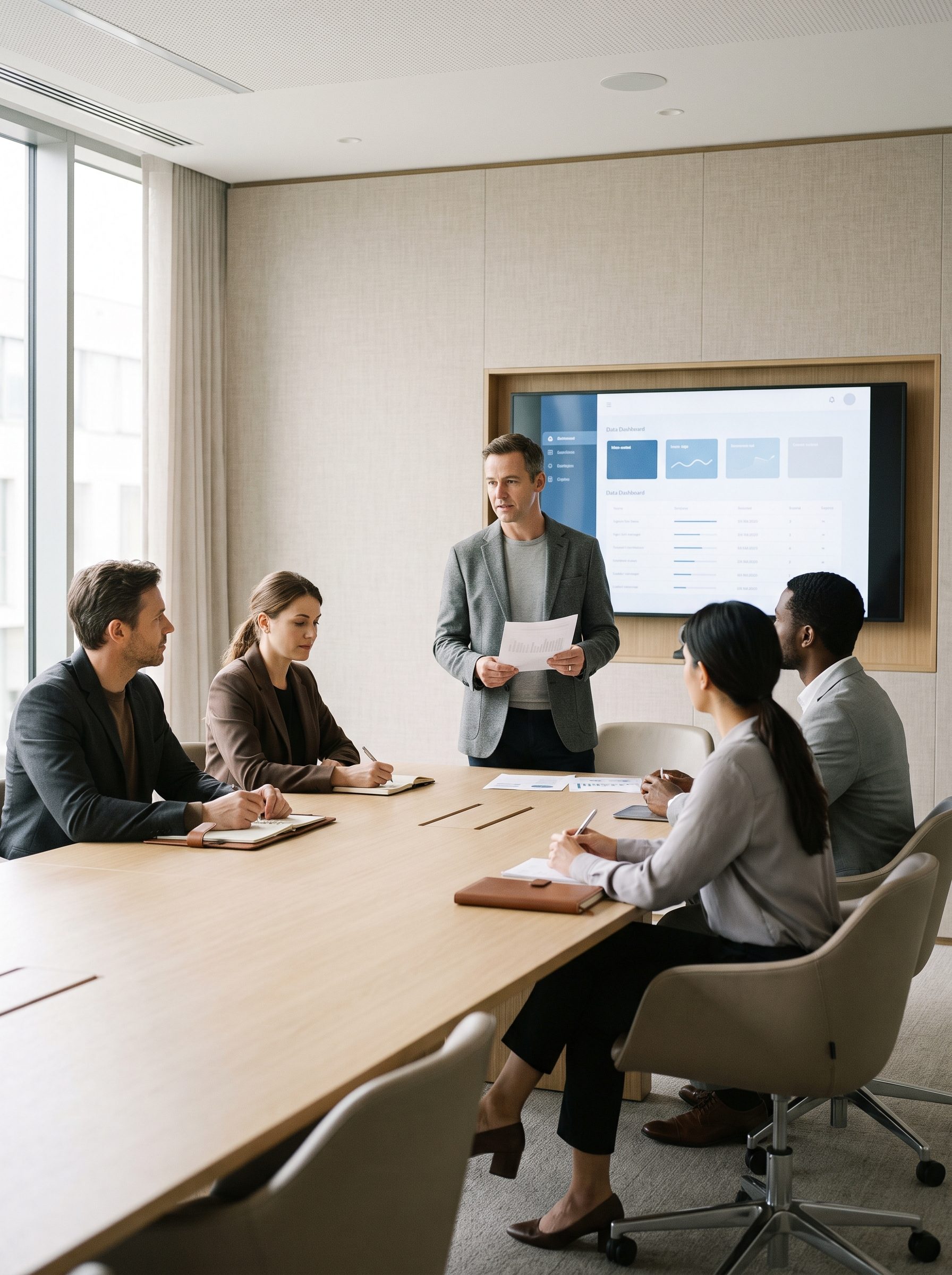 A manager presenting a weekly operating review to colleagues around a meeting table