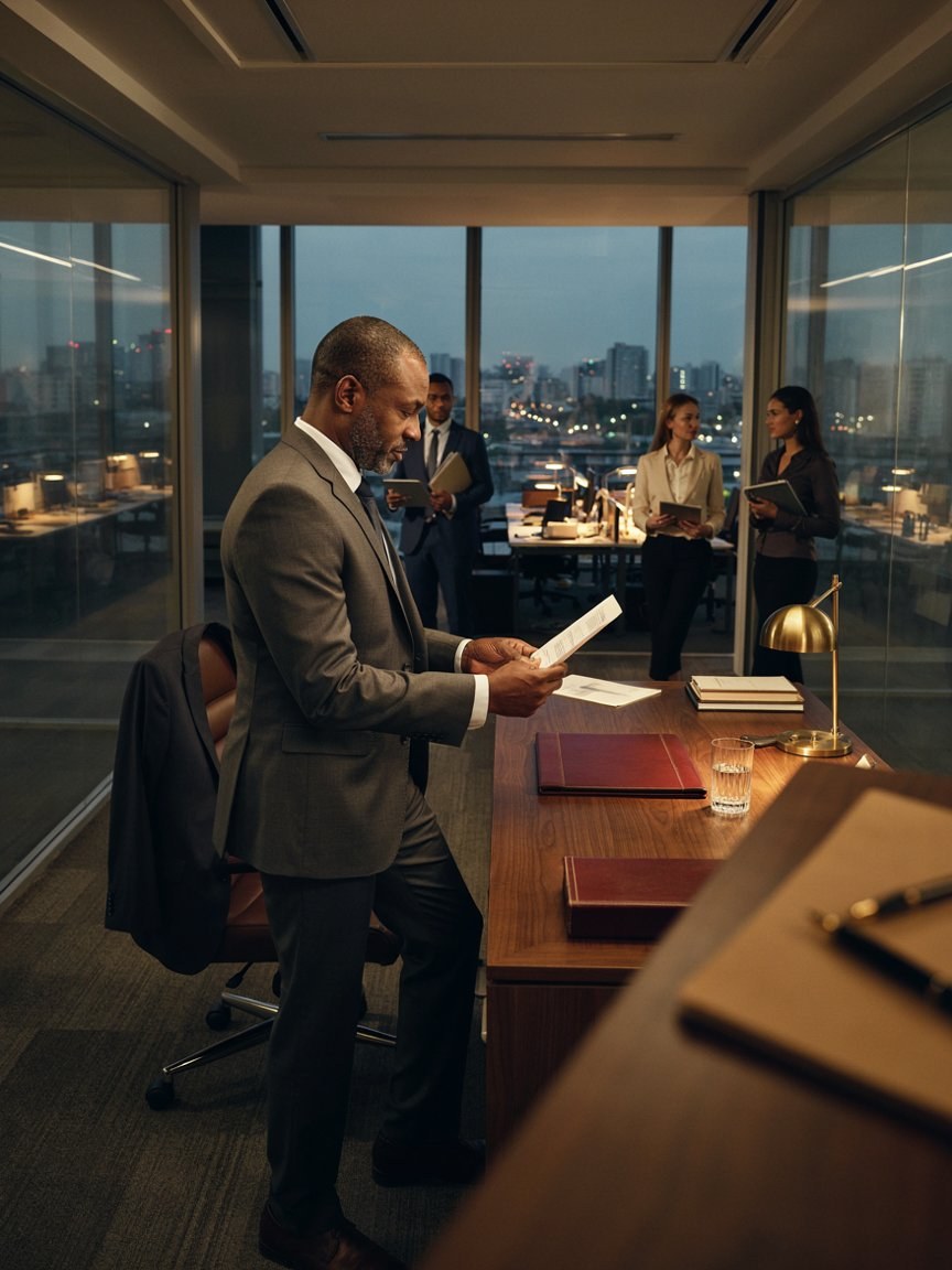 A chief executive reading a document at his desk in the evening while three managers wait outside his glass office with papers for his sign-off