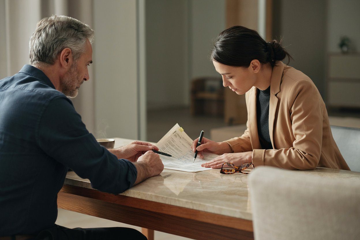 An experienced practitioner and an operations director reviewing an annotated document together