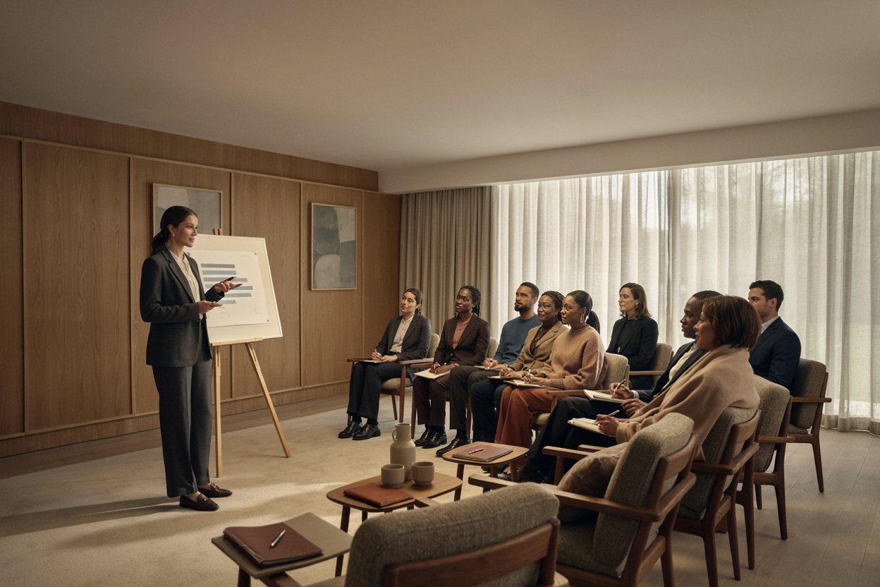 A practitioner leading a training session for a group of managers in a wood-panelled room