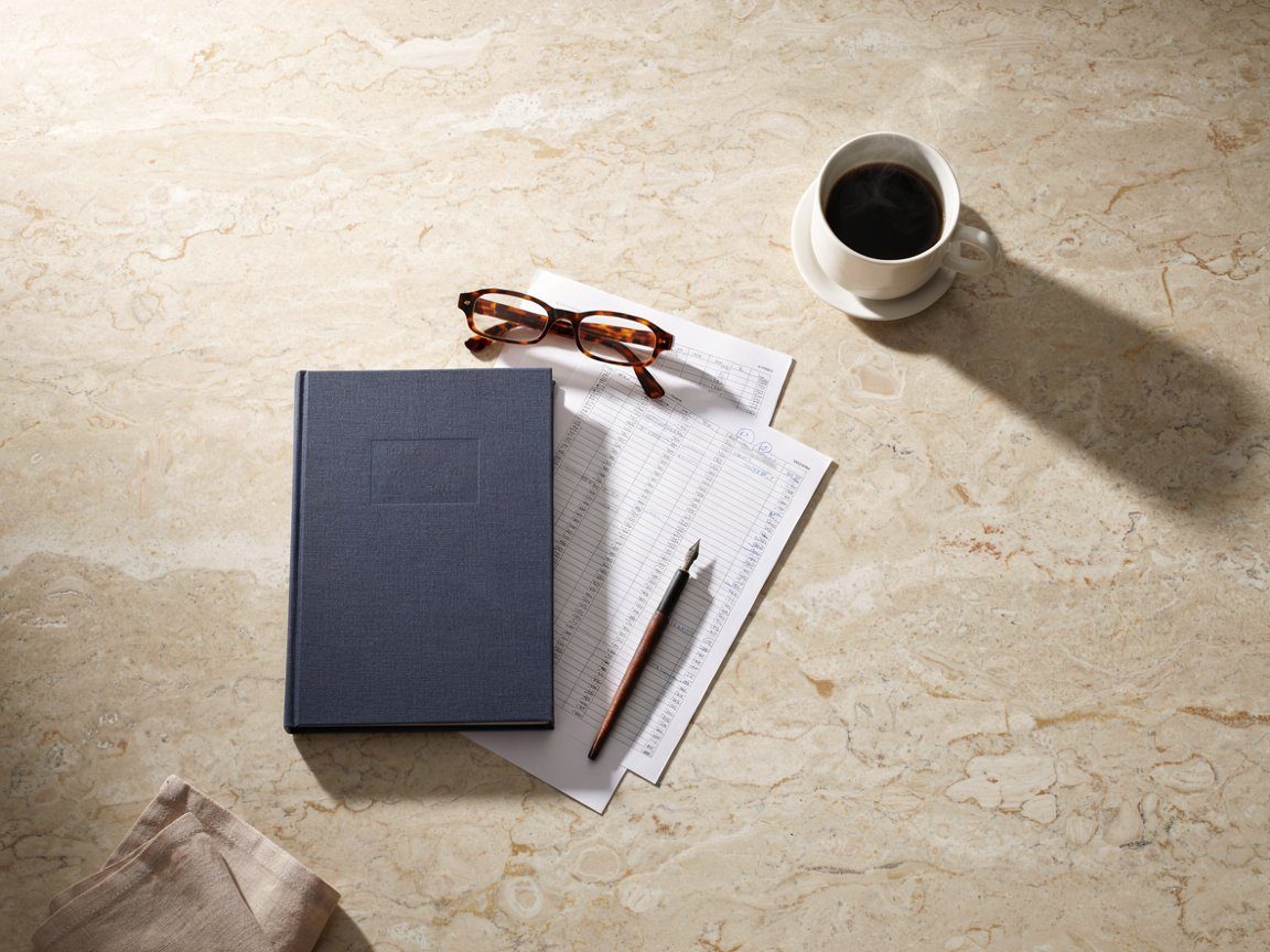 A bound operating manual, annotated spreadsheets, reading glasses and coffee on a travertine desk