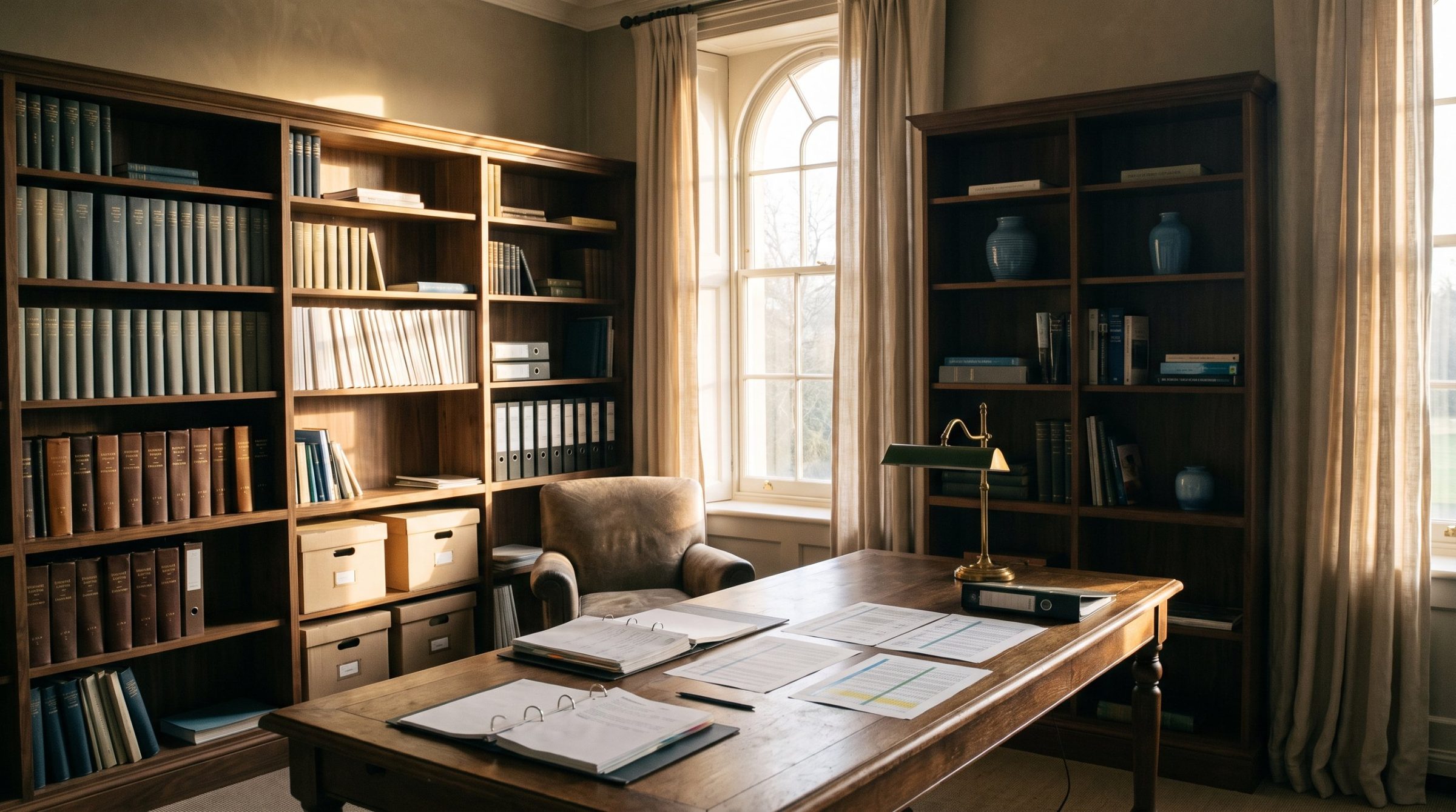 A quiet study lined with bookshelves, binders and archive boxes, with operating manuals and spreadsheets open on a walnut desk