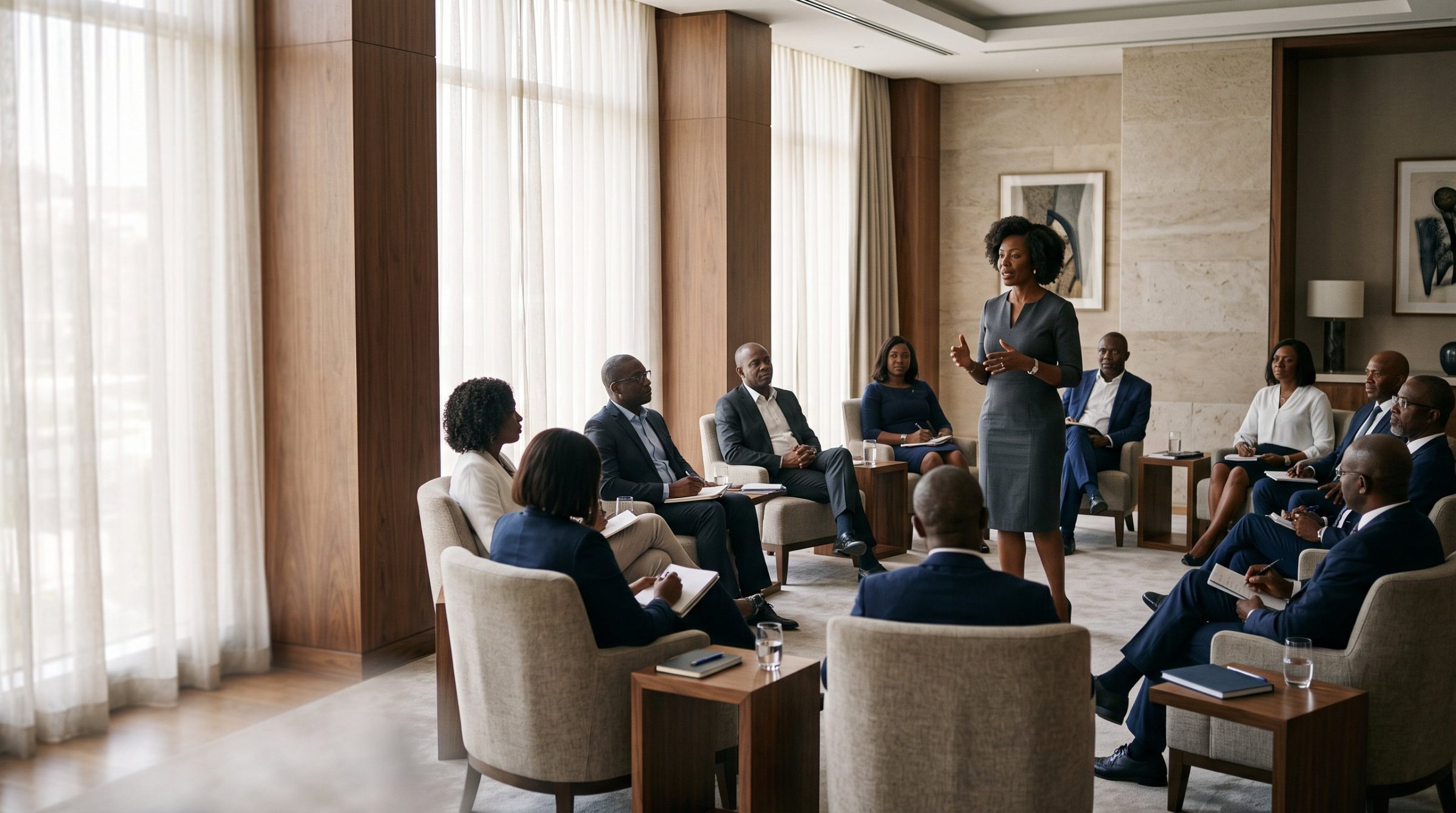 A practitioner leading a discussion with a group of senior executives seated in a circle