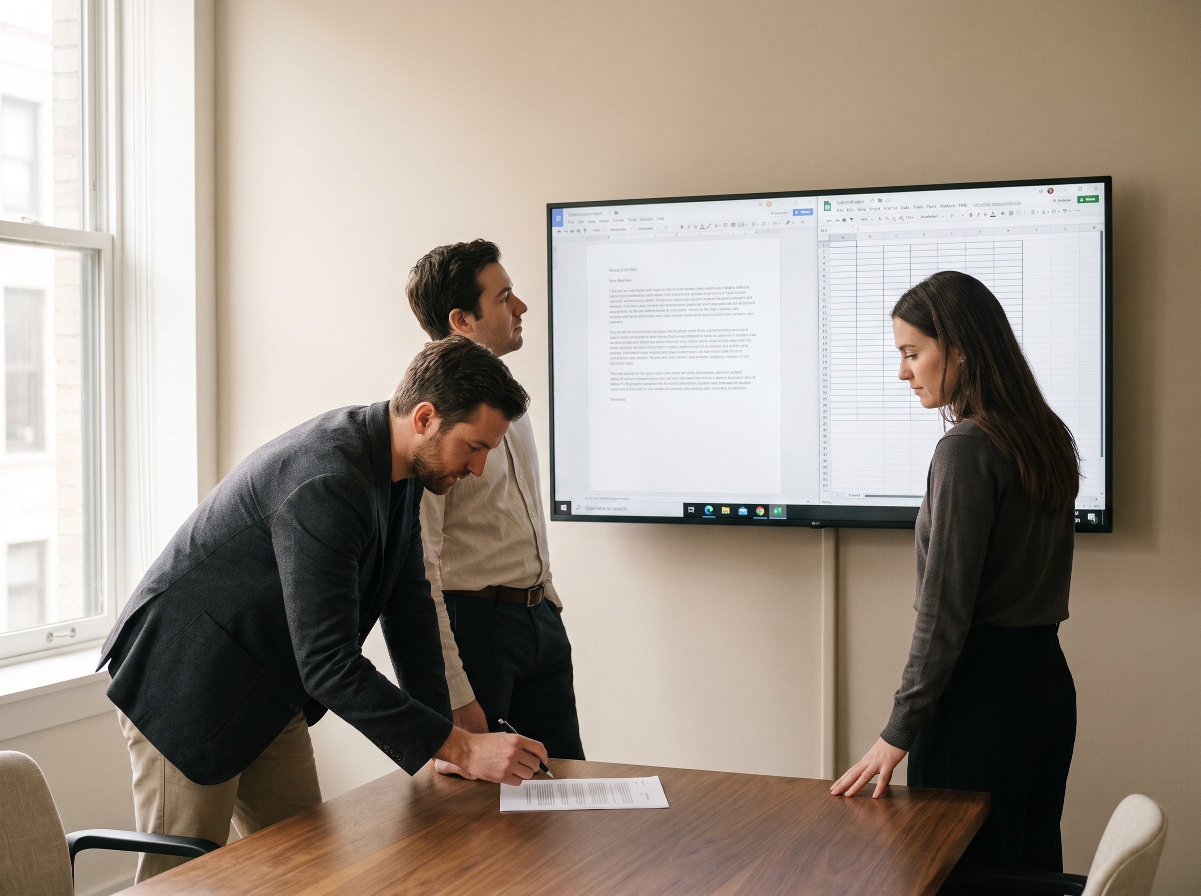Three colleagues working through a document and a spreadsheet on a wall screen, one marking up a printed page