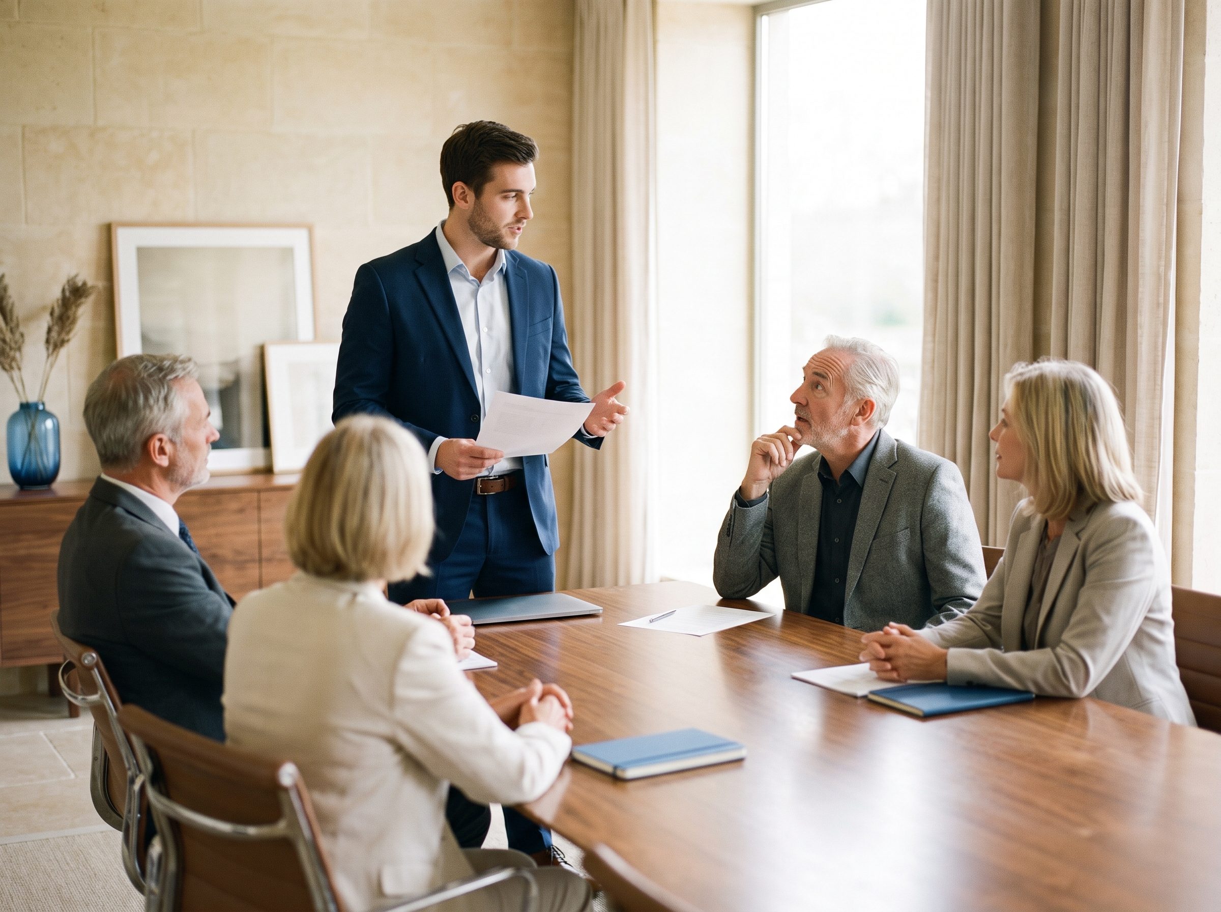 A leader presenting a paper to senior colleagues around a boardroom table