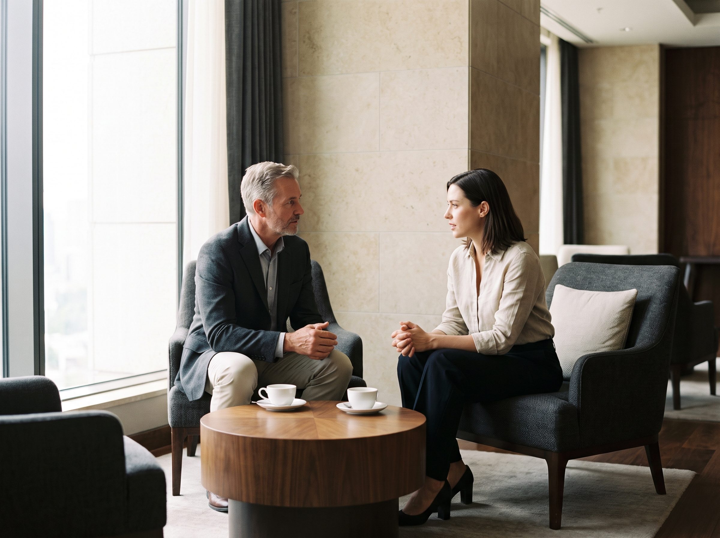 Two colleagues in a focused one-to-one conversation over coffee