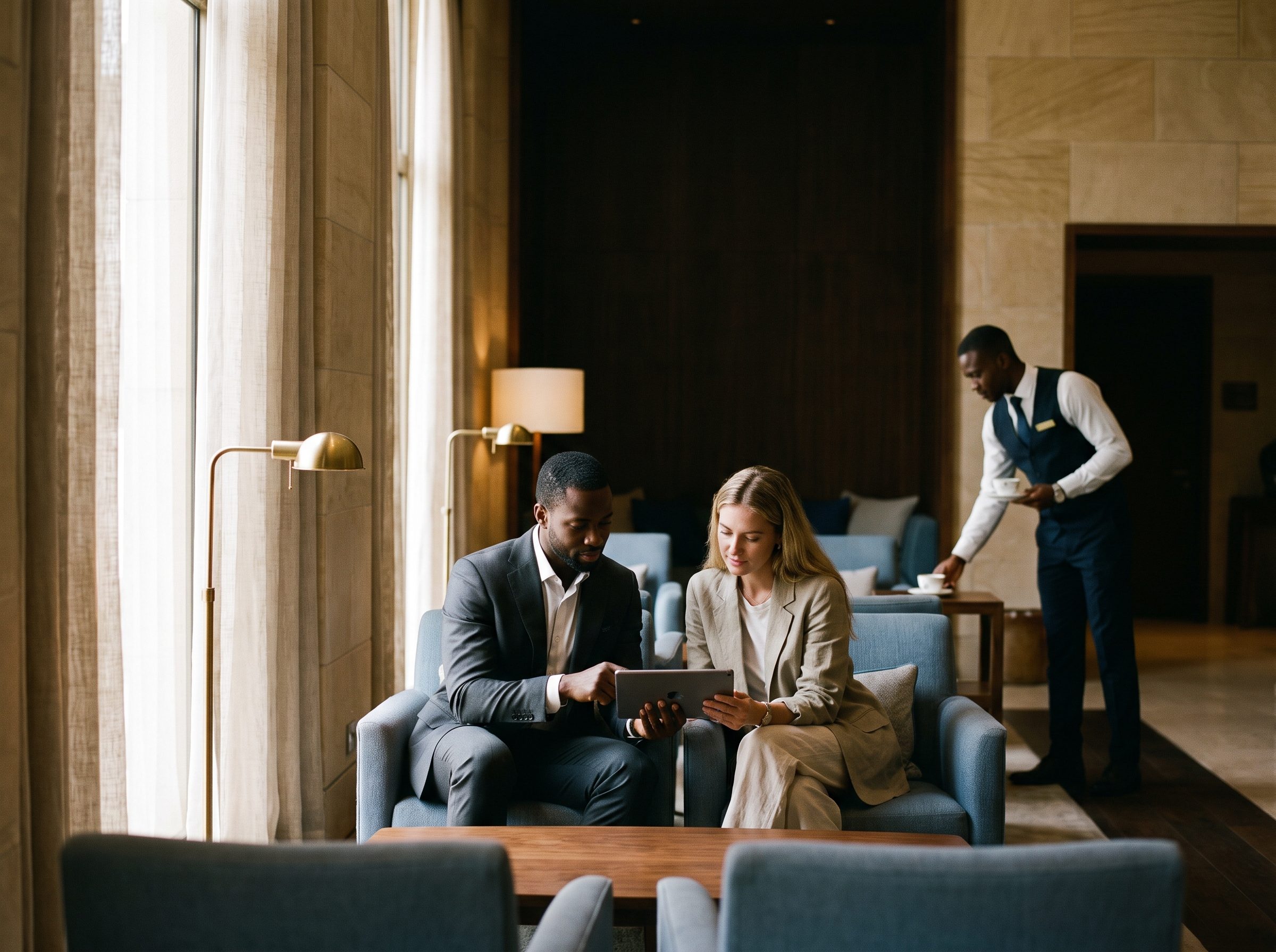 Two guests reviewing a tablet in a hotel lounge while a member of staff serves coffee