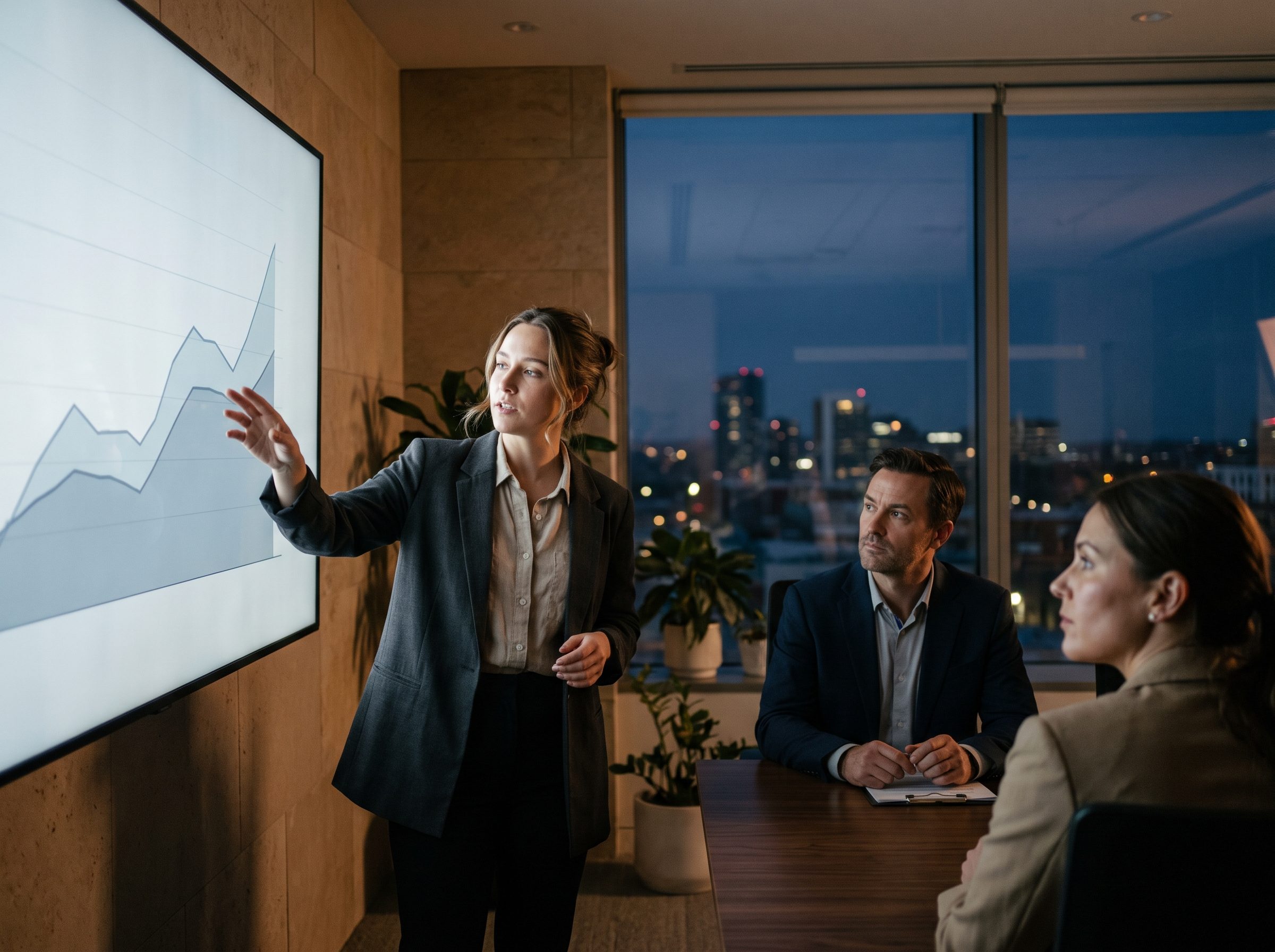 An analyst walking colleagues through a chart on a wall screen in the evening