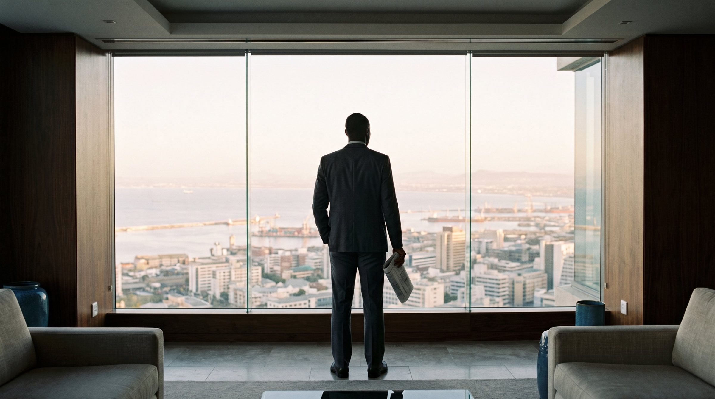 An executive standing at a floor-to-ceiling window, looking out over a city and its harbour at dawn