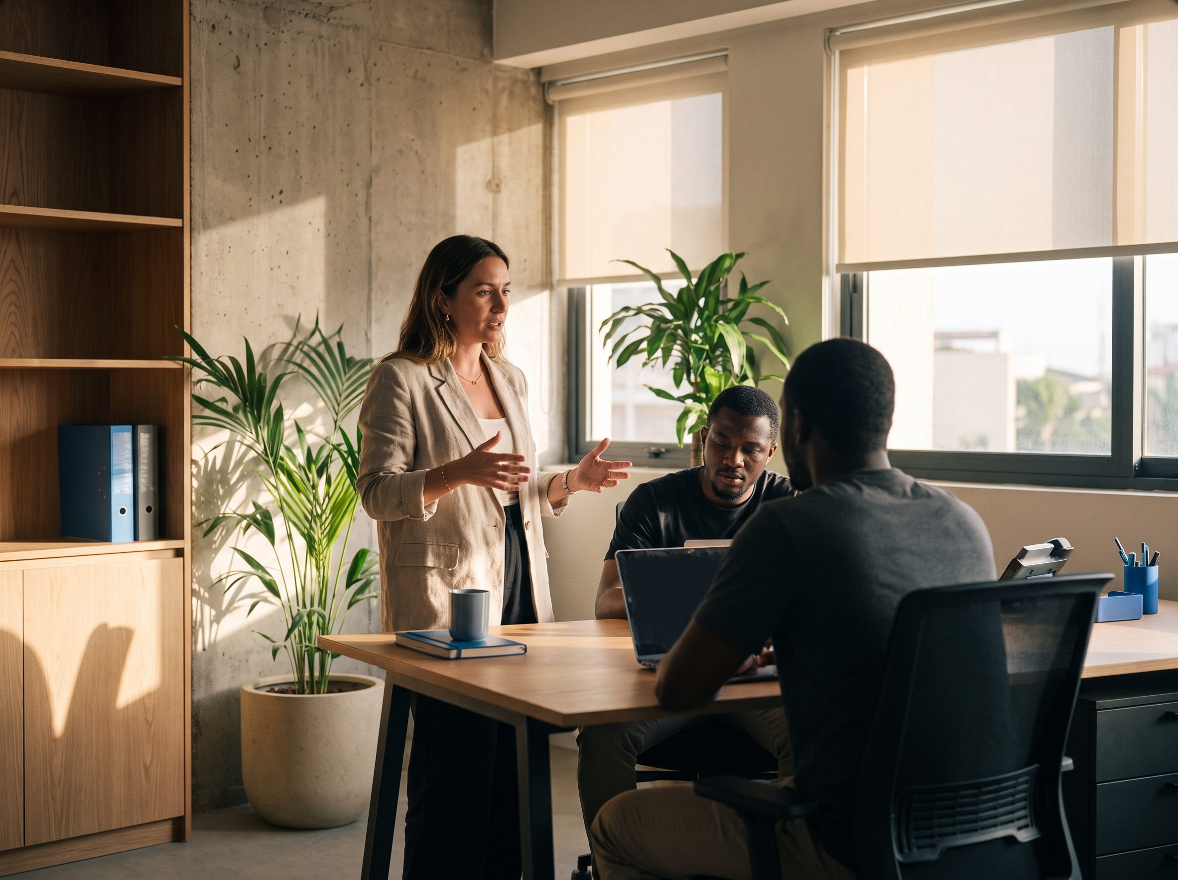 A founder talking through a plan with two team members around a desk in a sunlit office