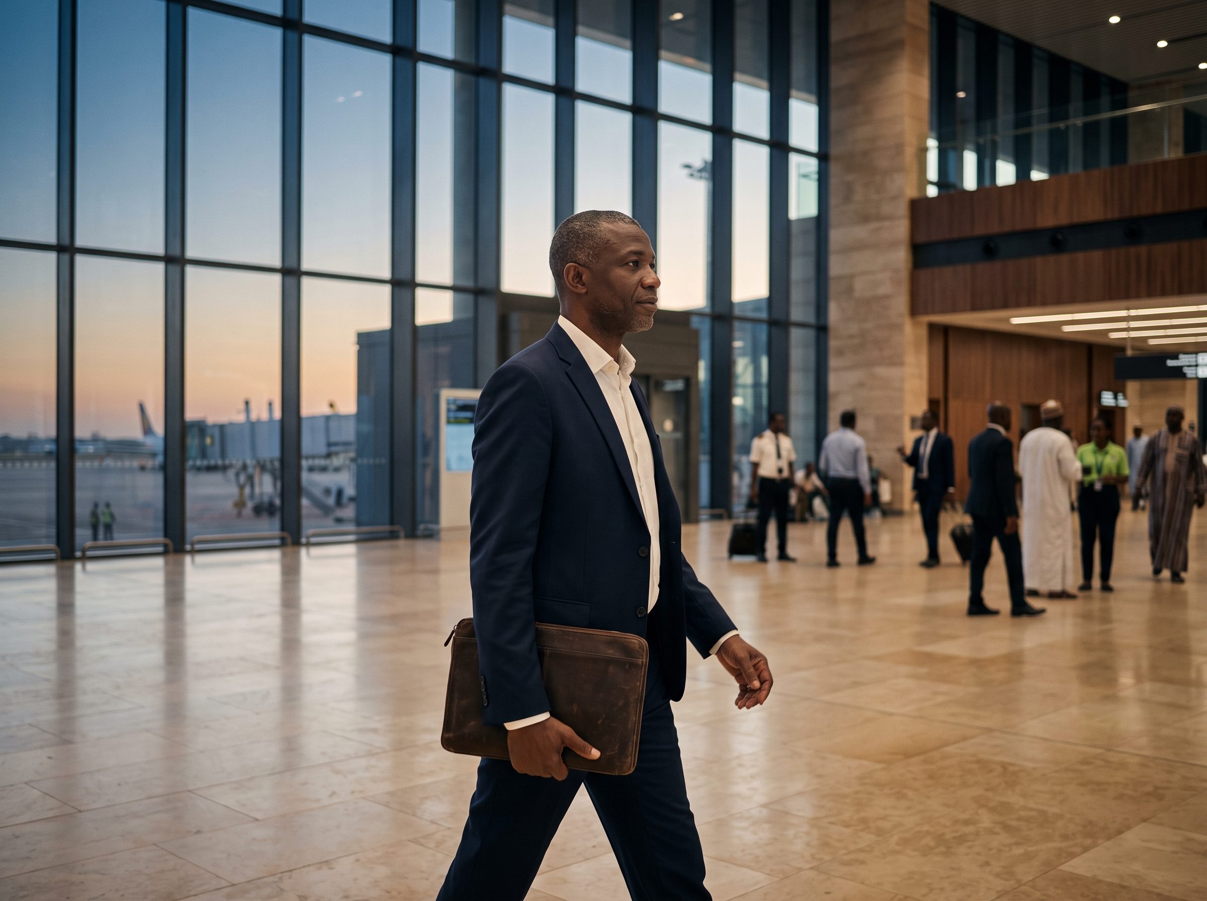 An executive walking through an airport terminal at dusk, with aircraft at the gates behind him