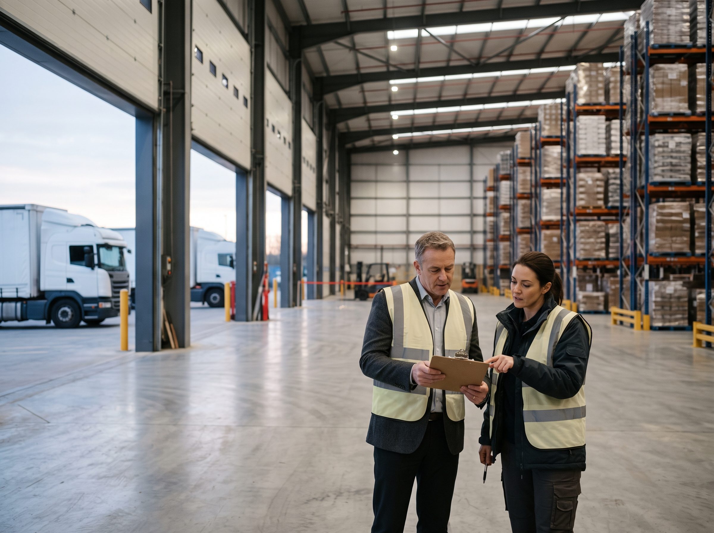 Two managers reviewing a clipboard on a warehouse floor, with lorries at the loading bays