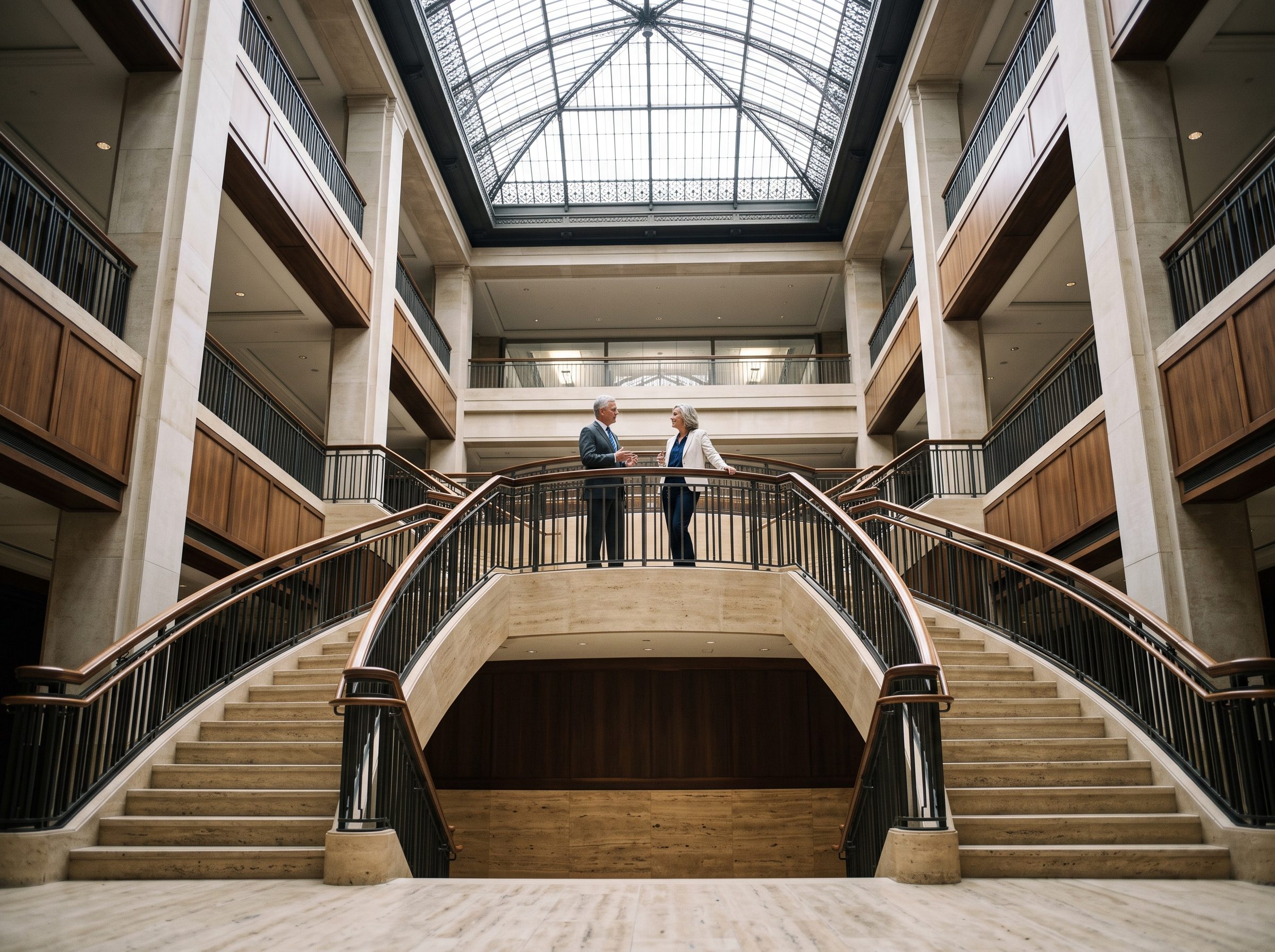 Two senior leaders talking on the landing of a grand staircase beneath a glass dome