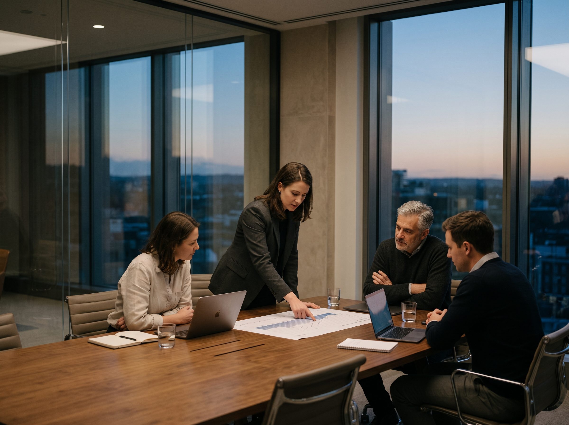 A practitioner walking a leadership team through a chart laid out on a boardroom table at dusk